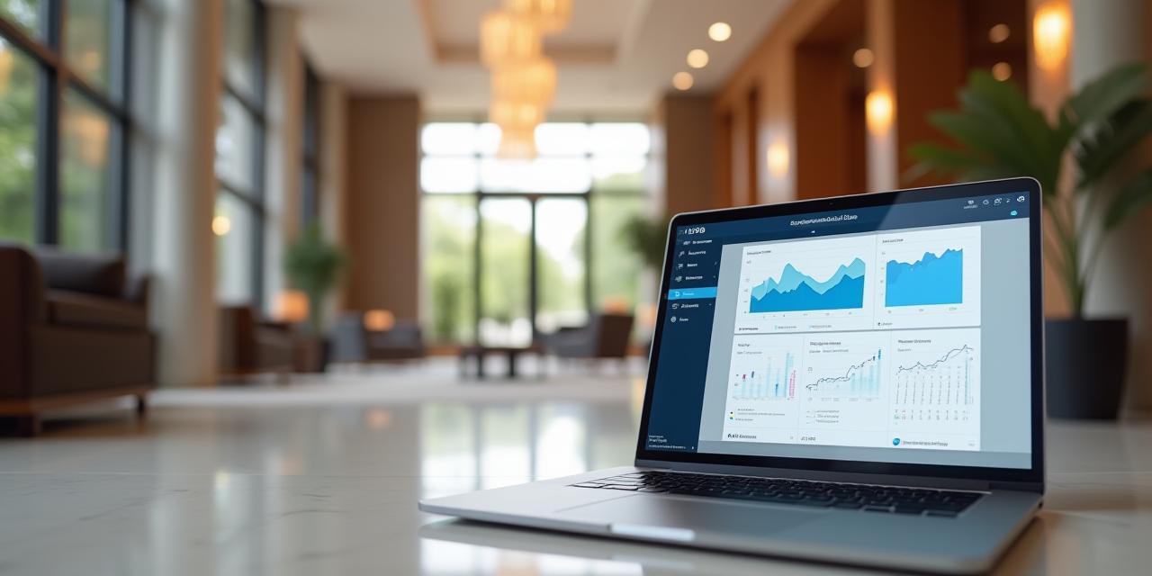 Lobby di un hotel moderno con dashboard software su laptop